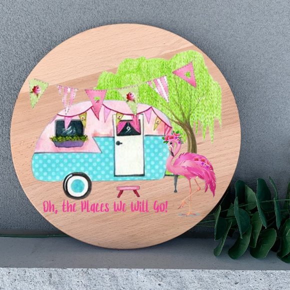 Camping Wall Decor Oh The Places We Will Go 12" Round Thin Birch Wood Wall Decor - Picture 1 of 2